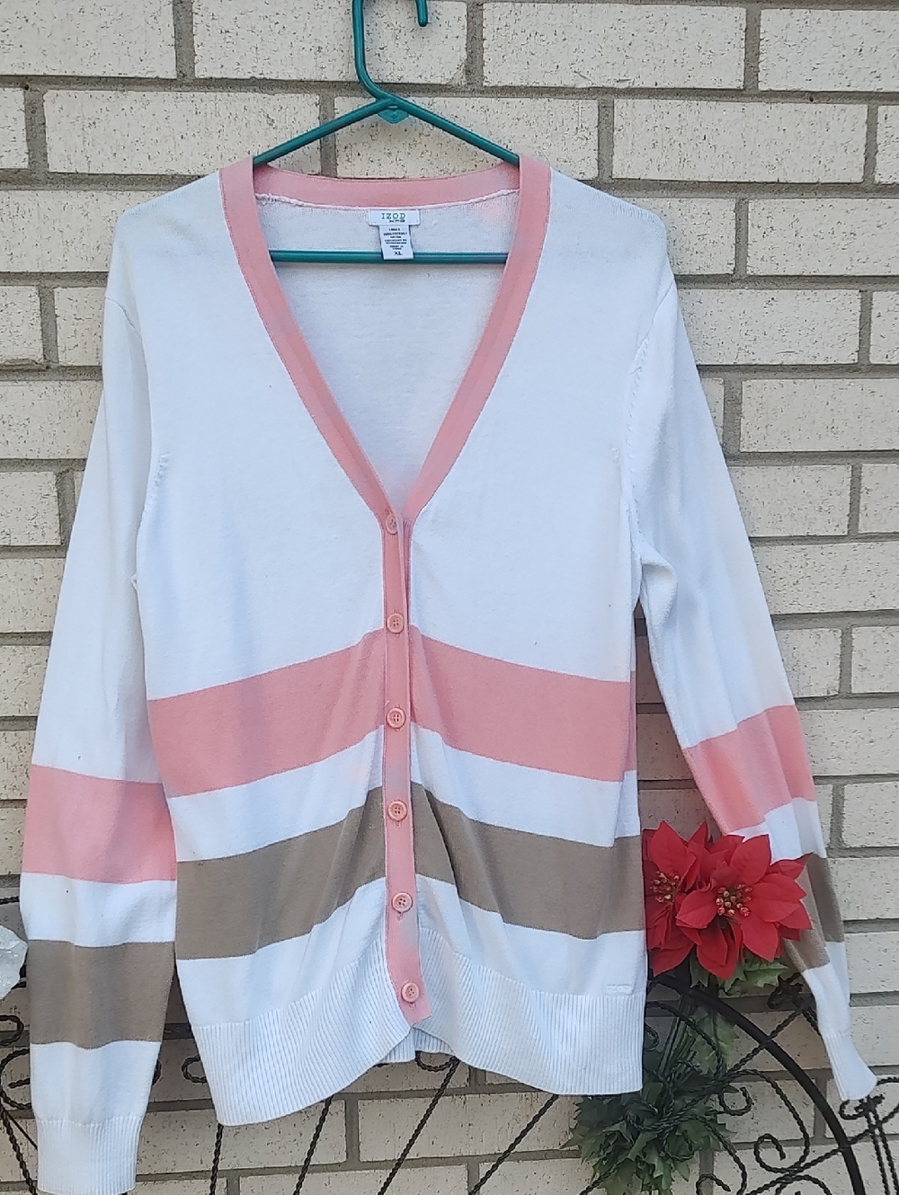 Izod White Pink and Tan Striped V-Neck Cardigan - Picture 3 of 9